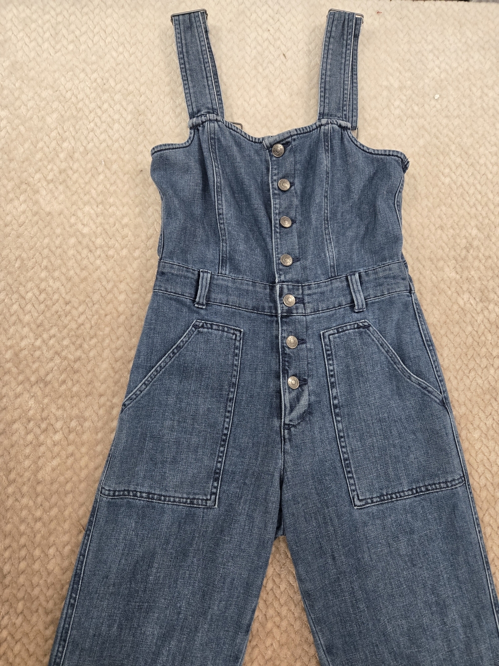 Aerie Denim Wide Leg Jumpsuit Small Button Front Utility Pocket Overalls - Picture 5 of 15